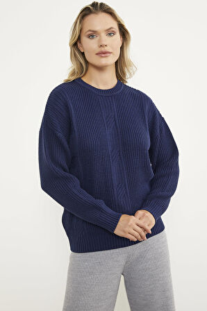 Petek Desenli Oversize Triko Kazak - Lacivert