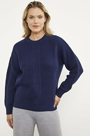 Petek Desenli Oversize Triko Kazak - Lacivert