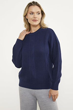 Petek Desenli Oversize Triko Kazak - Lacivert