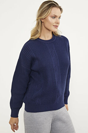 Petek Desenli Oversize Triko Kazak - Lacivert