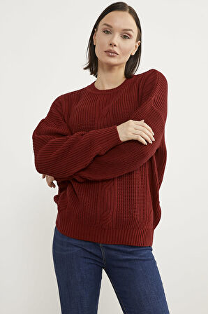 Petek Desenli Oversize Triko Kazak - Kırmızı