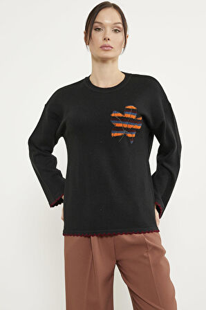 Yaprak Motifli Bohem Triko Kazak - Siyah