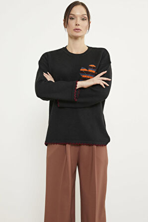 Yaprak Motifli Bohem Triko Kazak - Siyah