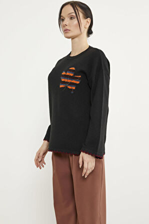 Yaprak Motifli Bohem Triko Kazak - Siyah