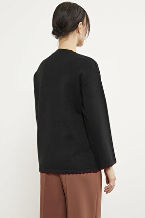 Yaprak Motifli Bohem Triko Kazak - Siyah