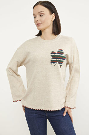 Yaprak Motifli Bohem Triko Kazak - Taş