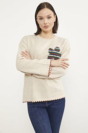 Yaprak Motifli Bohem Triko Kazak - Taş