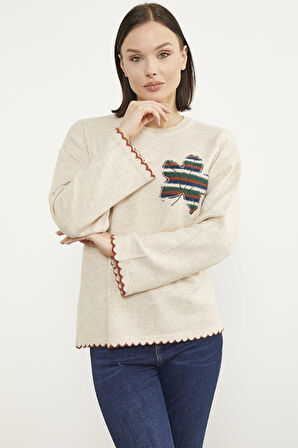 Yaprak Motifli Bohem Triko Kazak - Taş