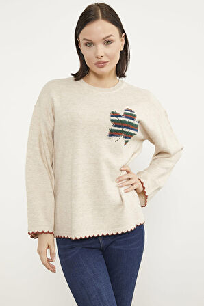 Yaprak Motifli Bohem Triko Kazak - Taş