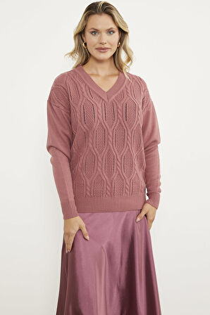 V Yaka Motifli Triko Kazak - Gül