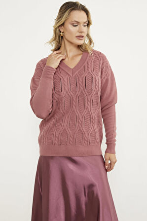 V Yaka Motifli Triko Kazak - Gül