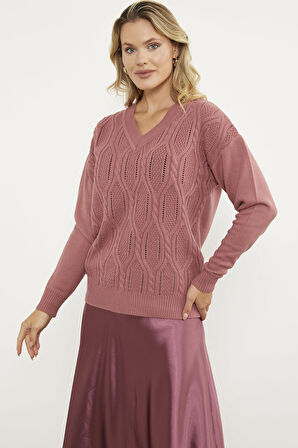 V Yaka Motifli Triko Kazak - Gül