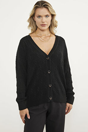 Düğmeli Saç Örgü Triko Hırka - Siyah