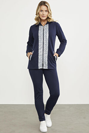 Yüksek Yaka Kumaş Garnili Eşofman Takım - Lacivert