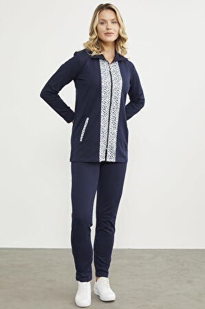 Yüksek Yaka Kumaş Garnili Eşofman Takım - Lacivert