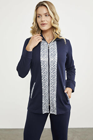 Yüksek Yaka Kumaş Garnili Eşofman Takım - Lacivert