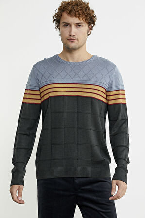 Blok Desen Sıfır Yaka Triko Kazak - Antrasit