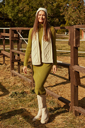 Tam Balıkçı Fitilli Midi Boy Triko Elbise - Yeşil