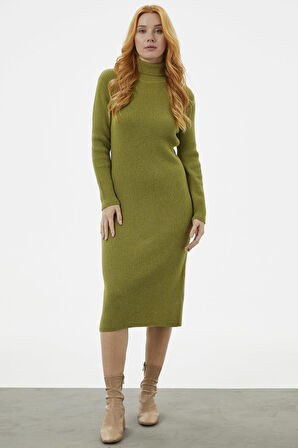 Tam Balıkçı Fitilli Midi Boy Triko Elbise - Yeşil