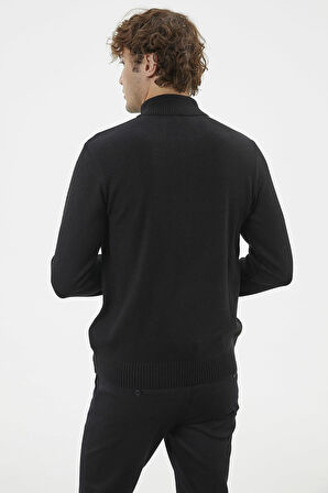 Dik Yaka Fermuarlı Triko Kazak - Siyah