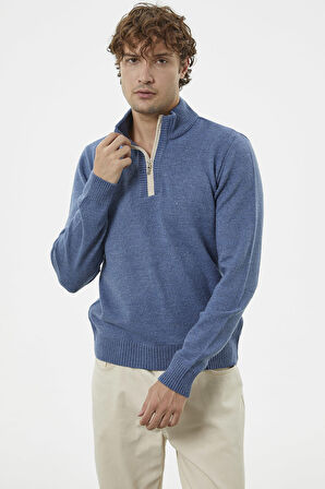 Dik Yaka Fermuarlı Triko Kazak - Indigo