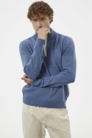 Dik Yaka Fermuarlı Triko Kazak - Indigo