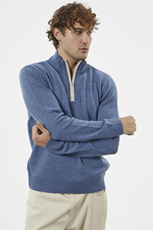 Dik Yaka Fermuarlı Triko Kazak - Indigo