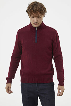 Dik Yaka Fermuarlı Triko Kazak - Bordo