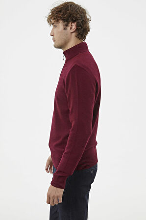 Dik Yaka Fermuarlı Triko Kazak - Bordo