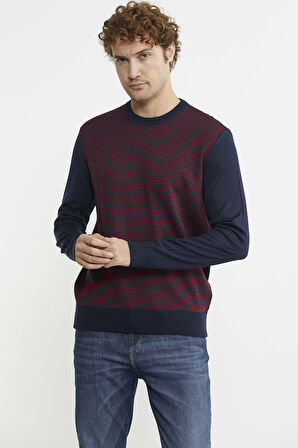 Sıfır Yaka Jakarlı Regular Fit Triko Kazak - Lacivert