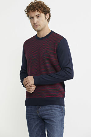 Sıfır Yaka Jakarlı Regular Fit Triko Kazak - Lacivert