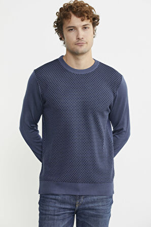 Sıfır Yaka Jakarlı Regular Fit Triko Kazak - Indigo