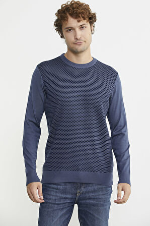 Sıfır Yaka Jakarlı Regular Fit Triko Kazak - Indigo