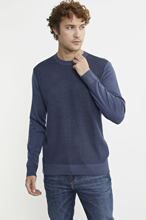 Sıfır Yaka Jakarlı Regular Fit Triko Kazak - Indigo