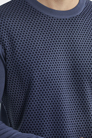 Sıfır Yaka Jakarlı Regular Fit Triko Kazak - Indigo