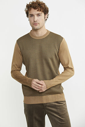 Sıfır Yaka Jakarlı Regular Fit Triko Kazak - Kamel