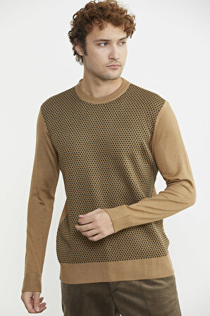 Sıfır Yaka Jakarlı Regular Fit Triko Kazak - Kamel