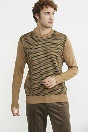 Sıfır Yaka Jakarlı Regular Fit Triko Kazak - Kamel