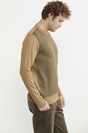 Sıfır Yaka Jakarlı Regular Fit Triko Kazak - Kamel