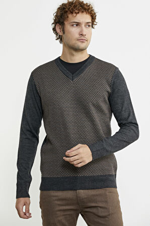 Regular Fit Jakarlı Yünlü Triko Kazak - Antrasit