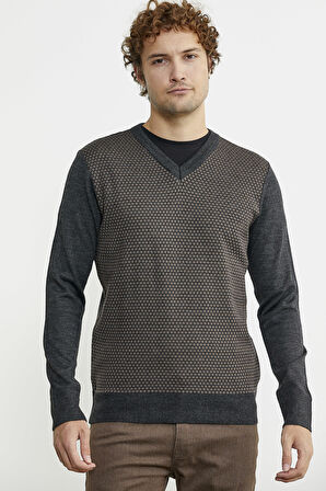 Regular Fit Jakarlı Yünlü Triko Kazak - Antrasit