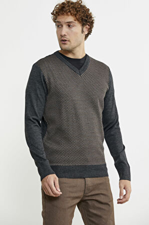 Regular Fit Jakarlı Yünlü Triko Kazak - Antrasit