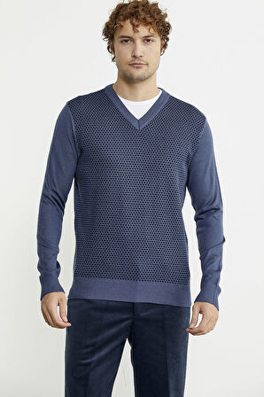 Regular Fit Jakarlı Yünlü Triko Kazak - Indigo