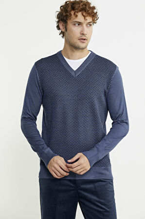Regular Fit Jakarlı Yünlü Triko Kazak - Indigo