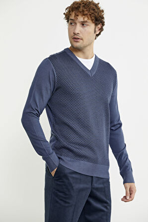 Regular Fit Jakarlı Yünlü Triko Kazak - Indigo