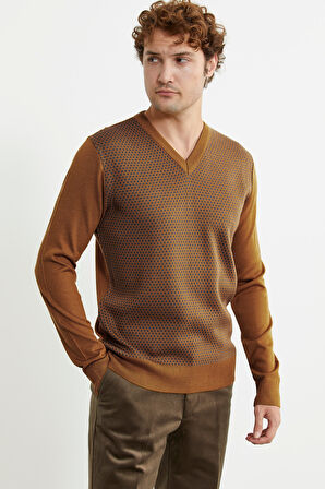 Regular Fit Jakarlı Yünlü Triko Kazak - Hardal