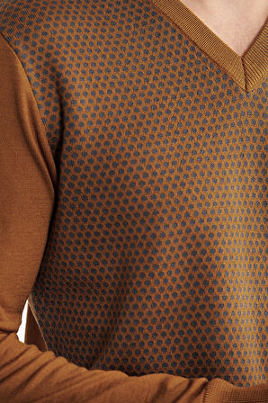 Regular Fit Jakarlı Yünlü Triko Kazak - Hardal