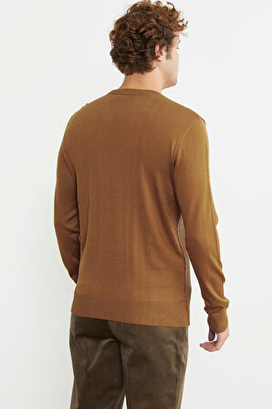 Regular Fit Jakarlı Yünlü Triko Kazak - Hardal