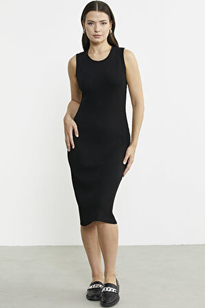 Kalın Askılı Uzun Triko Elbise - Siyah