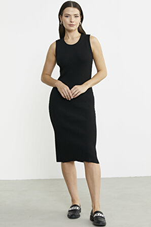 Kalın Askılı Uzun Triko Elbise - Siyah